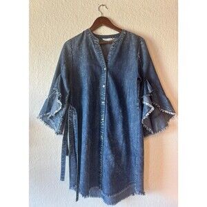 Given Kale Denim Dress Acid Chambray Blue Size S Button Up Belted Bell Sleeve